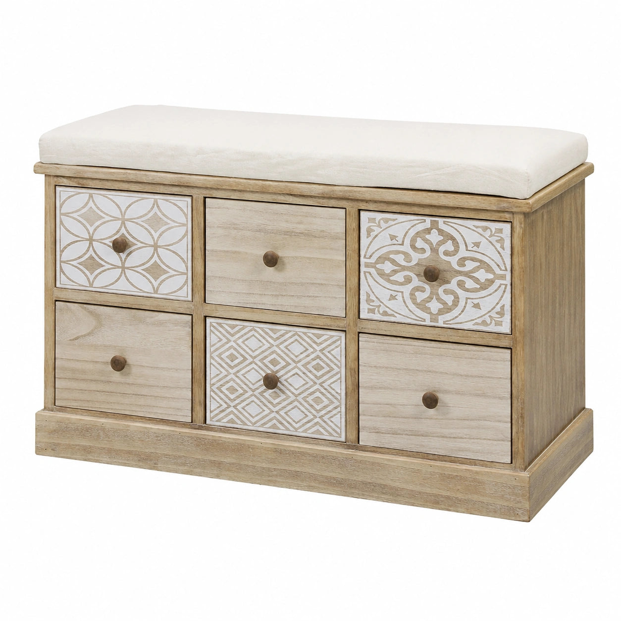 Panca Bagno, Legno di Paulownia, Beige Bianco, Stile Shabby, Seduta Imbottita