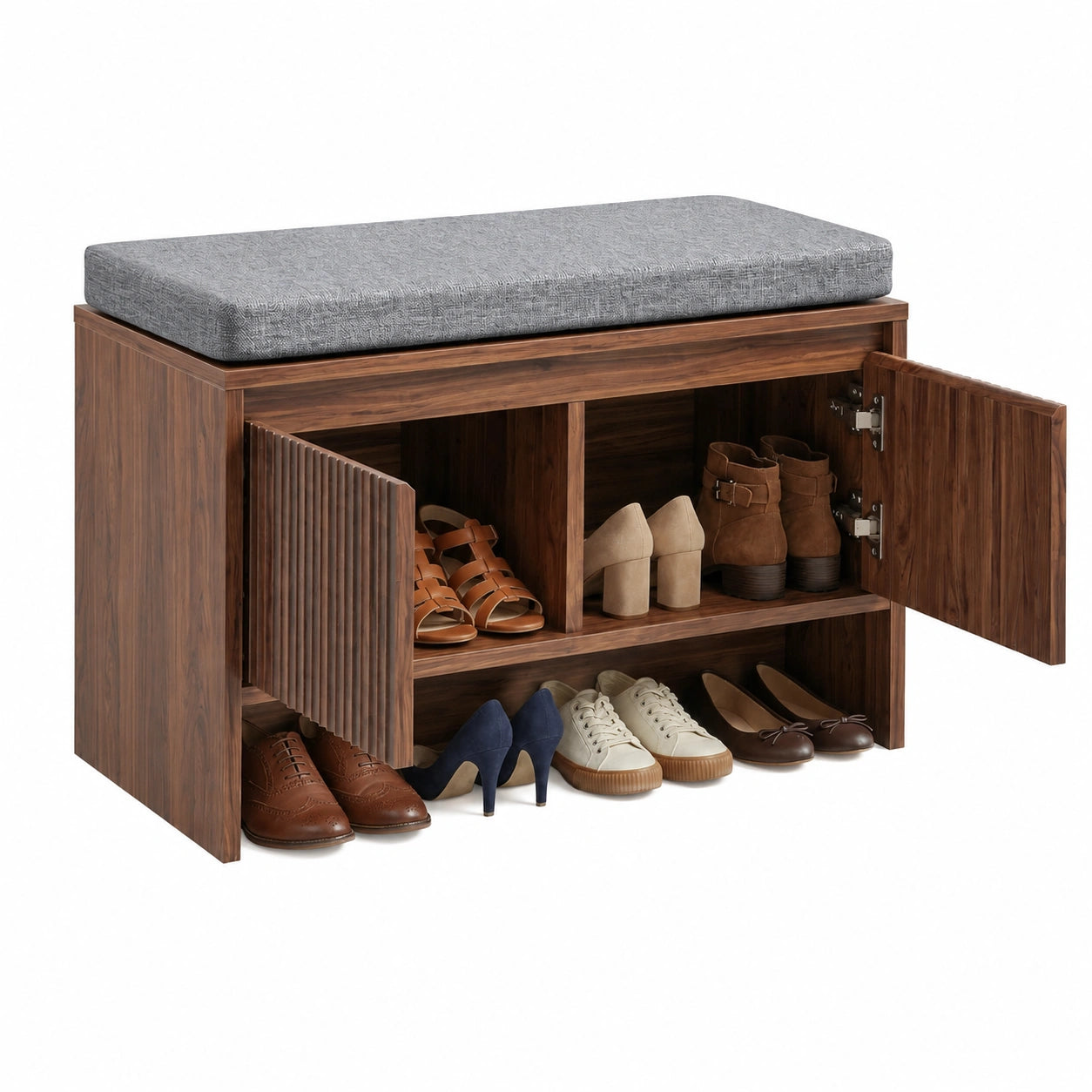 Panca scarpiera effetto noce con contenitore, mobile ingresso con cuscino imbottito, 2 ante e ripiano aperto, moderno a lamelle, chiusura soft close