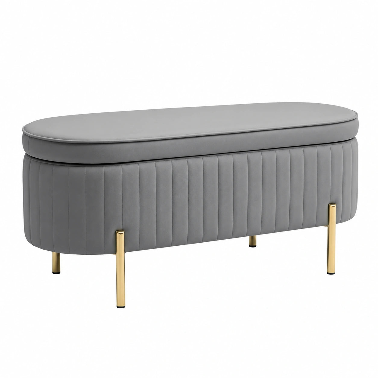 Panca Contenitore Ingresso Ovale 72L Coperchio Sollevabile Grigio, Scanalato, Seduta Imbottita, Pouf Cassapanca Fondo Letto, Velluto