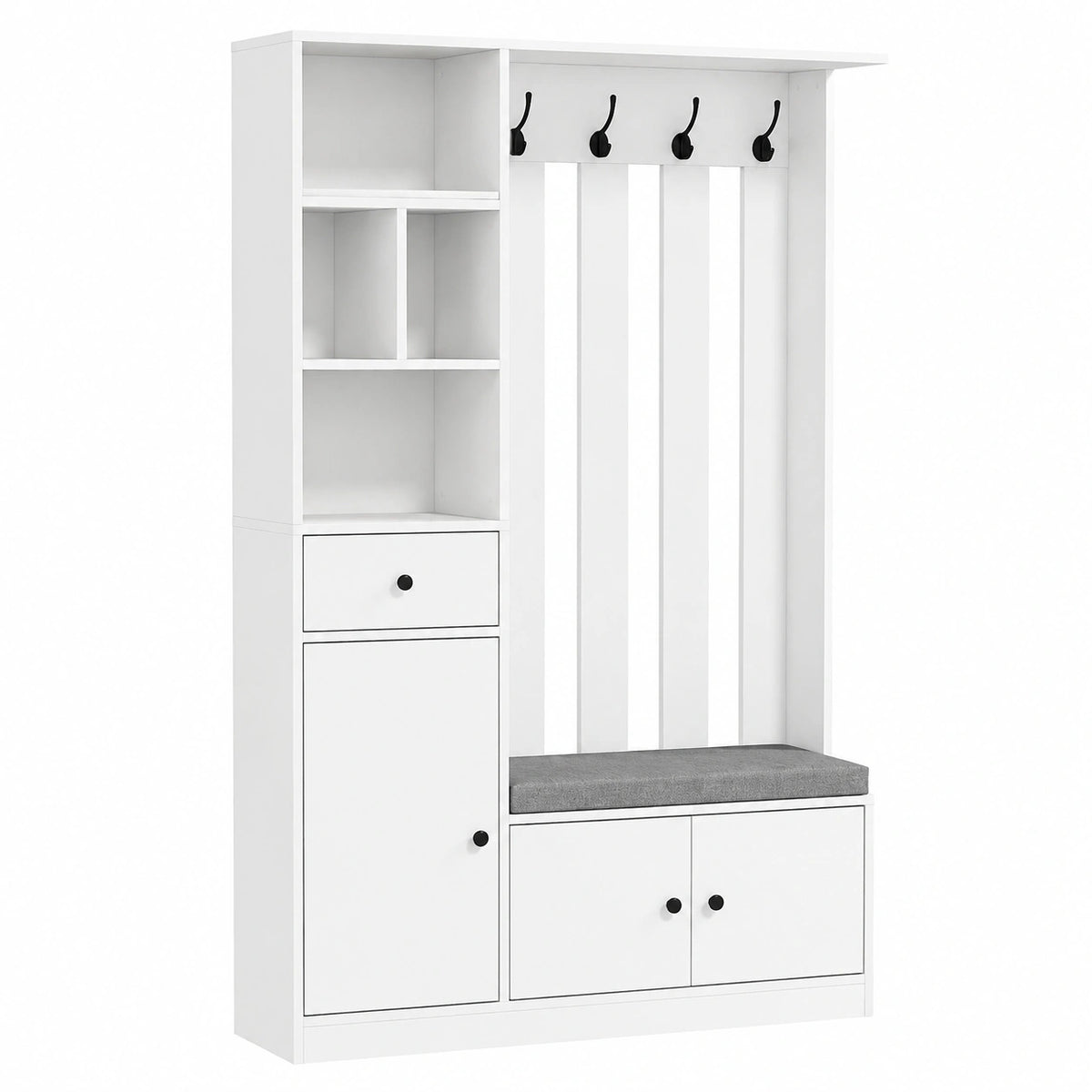 Appendiabiti da Terra 180cm con Panca Porta Scarpe Bianco, Stand Appendiabiti, 4 Ganci, Ripiano Regolabile, Scomparti Aperti