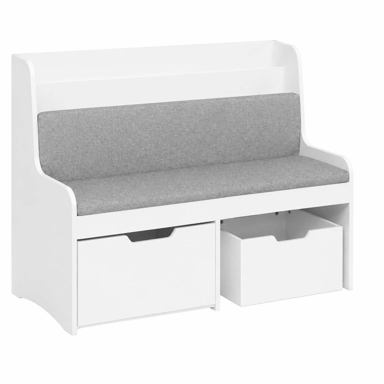 Panca Libreria Bambini Portata fino a 150kg 100 × 45 × 70cm, cassapanca con 2 contenitori su ruote e cuscino imbottito, MDF E1 KMB66-W