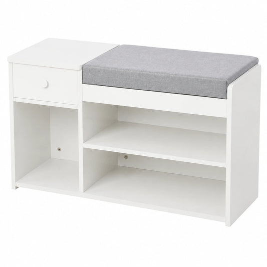 Panca Scarpiera con Cuscino, 3 Vani Aperti 81 × 31.5 × 49cm Bianco, Cassetto, Mobile Ingresso, in Legno