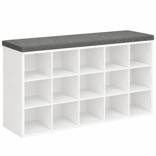 Panca Scarpiera con Seduta Imbottita, Panca Contenitore con 15 Scomparti Aperti, Panca con Spazio di Stoccaggio, 110 × 30 × 48 cm, per Corridoio