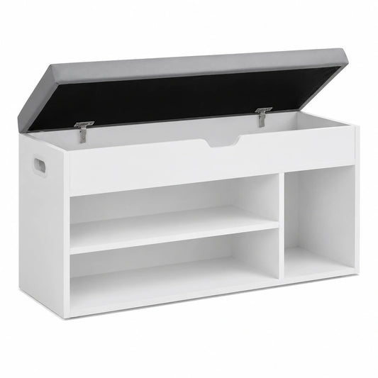 Panca Ingresso, Panca Contenitore in Legno con Cuscino Imbottito, 4 Scomparti, Ripiani, Cassapanca Soggiorno Corridoio Camera da Letto