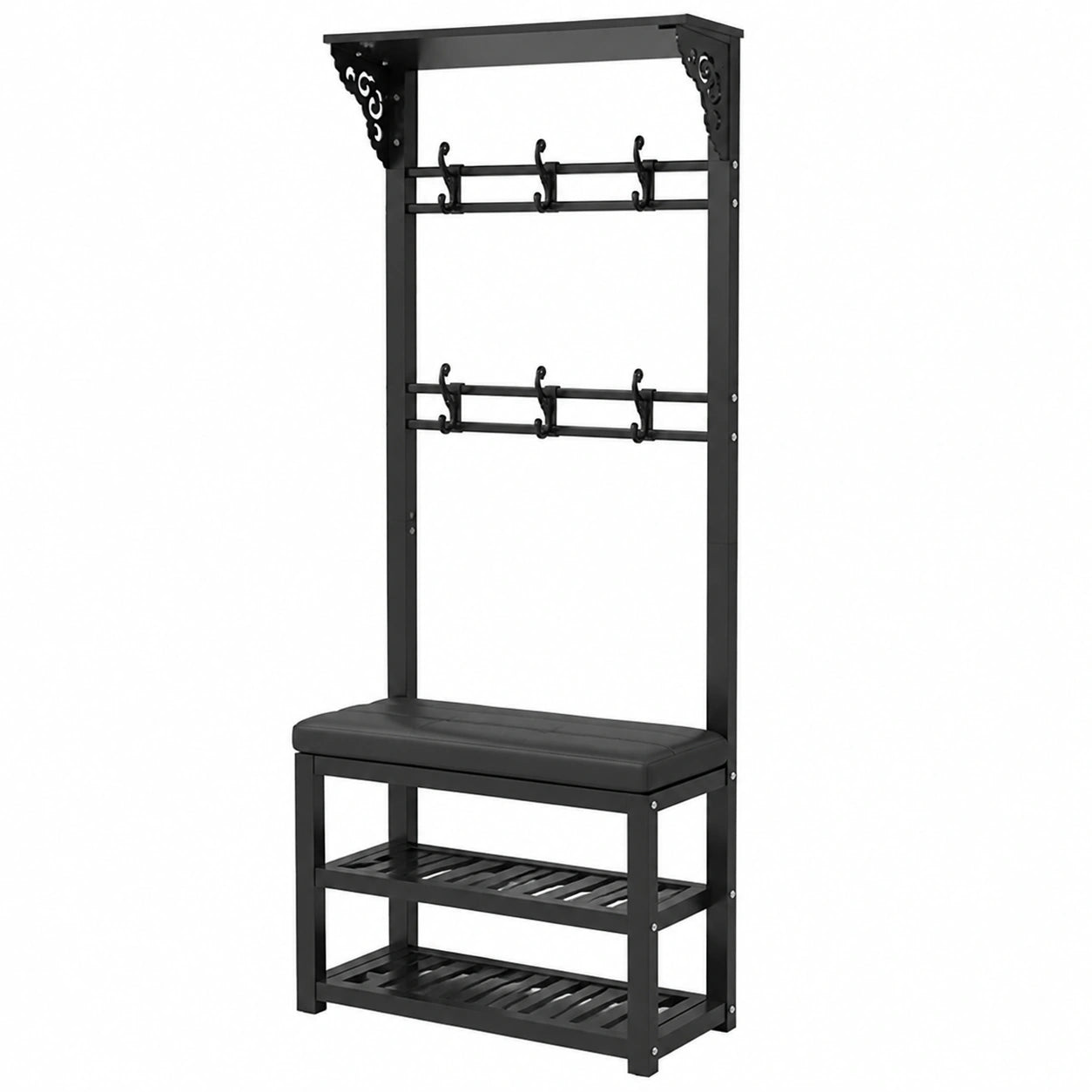 Appendiabiti Elegante per Ingresso con Seduta Imbottita, Panca portascarpe a 2 Ripiani, PU Nero, 80 cm - per organizzare Scarpe e Cappotti