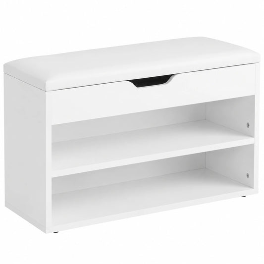 Panca scarpiera con cuscino 60 × 30 × 44cm per ingresso, Scarpiera slim con cuscino 5cm e 2 ripiani aperti, scomparto nascosto sotto seduta, portata