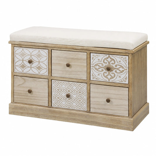 Panca Bagno, Legno di Paulownia, Beige Bianco, Stile Shabby, Seduta Imbottita