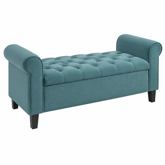 Panca Camera da Letto con Vano Contenitore 126 × 48.5 × 57 cm Verde, Braccioli Arrotolati, Panca Fondo Letto Imbottita, Tessuto Effetto Velluto