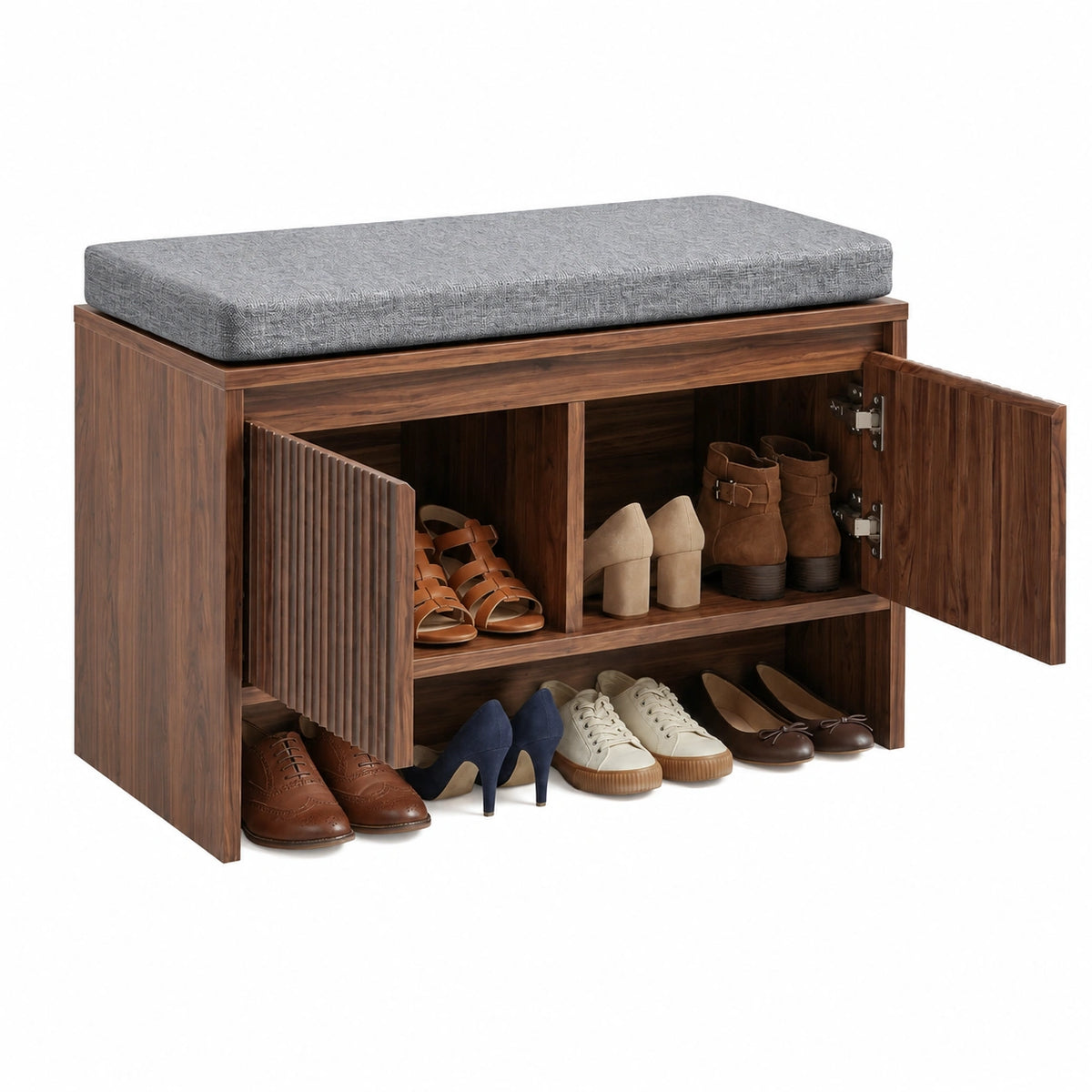 Panca scarpiera effetto noce con contenitore, mobile ingresso con cuscino imbottito, 2 ante e ripiano aperto, moderno a lamelle, chiusura soft close
