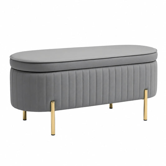 Panca Contenitore Ingresso Ovale 72L Coperchio Sollevabile Grigio, Scanalato, Seduta Imbottita, Pouf Cassapanca Fondo Letto, Velluto