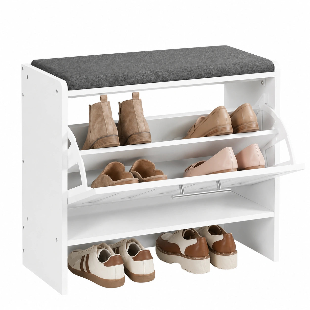 Panca Scarpiera con Seduta Imbottita in Tessuto Lino, Portascarpe a Ribalta per 9 Paia di Scarpe, Ripiano Interno Regolabile, 60 × 30 × 55 cm