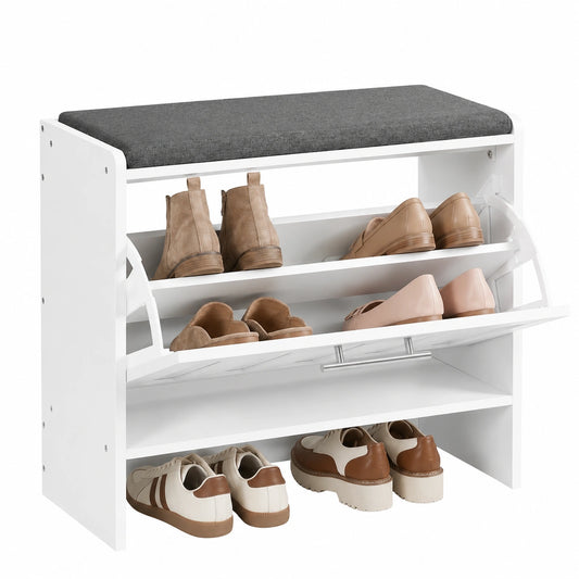 Panca Scarpiera con Seduta Imbottita in Tessuto Lino, Portascarpe a Ribalta per 9 Paia di Scarpe, Ripiano Interno Regolabile, 60 × 30 × 55 cm