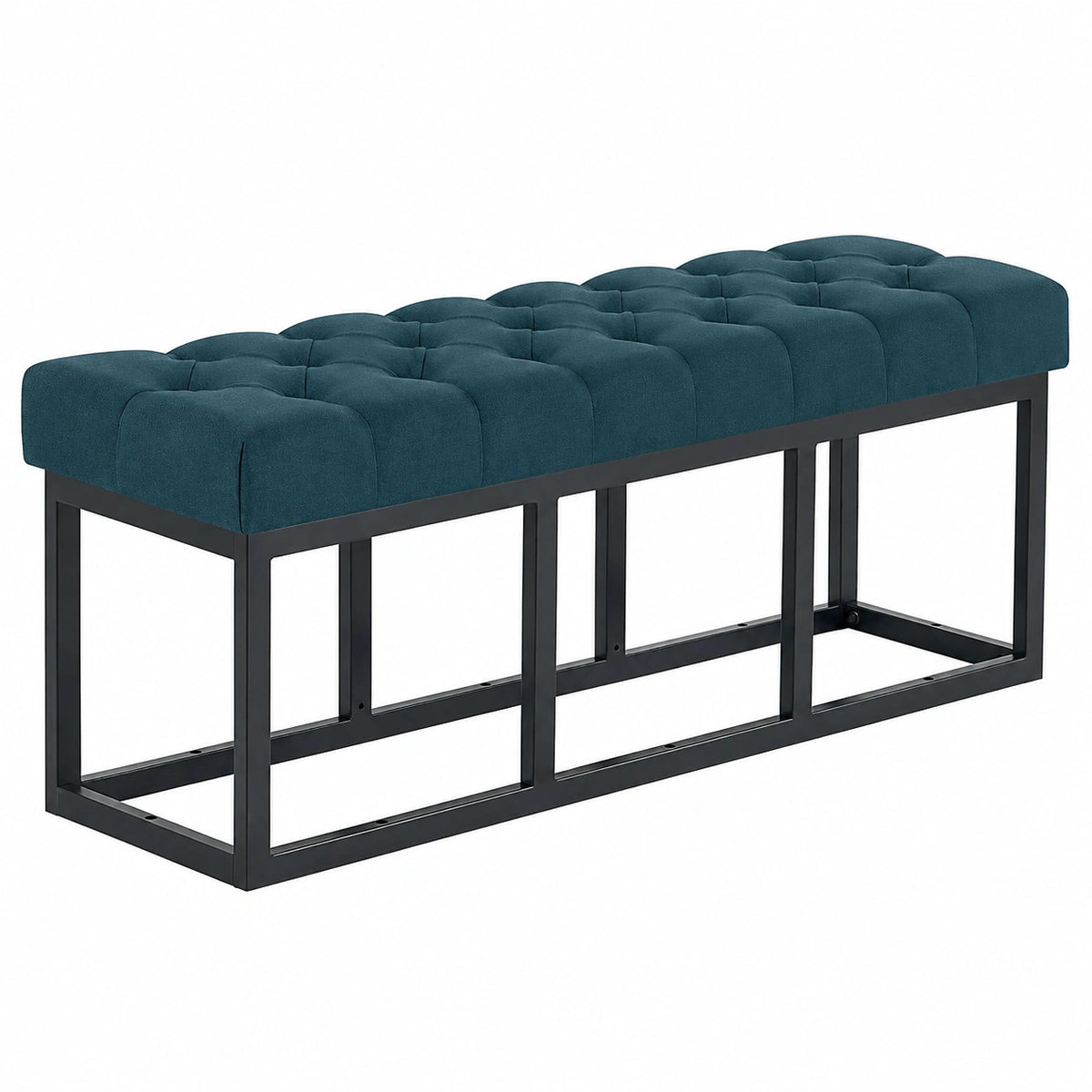 Panca da Ingresso Amun in Tessuto, Panca Imbottita con Struttura in Metallo Nero Verniciato a Polvere, per Camera da Letto Colore Blu Dimensione 120