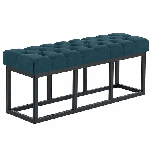 Panca da Ingresso Amun in Tessuto, Panca Imbottita con Struttura in Metallo Nero Verniciato a Polvere, per Camera da Letto Colore Blu Dimensione 120