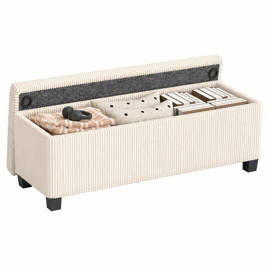 Contenitore 84L Ottomana Poggiapiedi 112 × 42 × 40 cm Beige, Panca Contenitore Camera da Letto, Velluto a Coste, Struttura in Acciaio, Capacità 220 kg