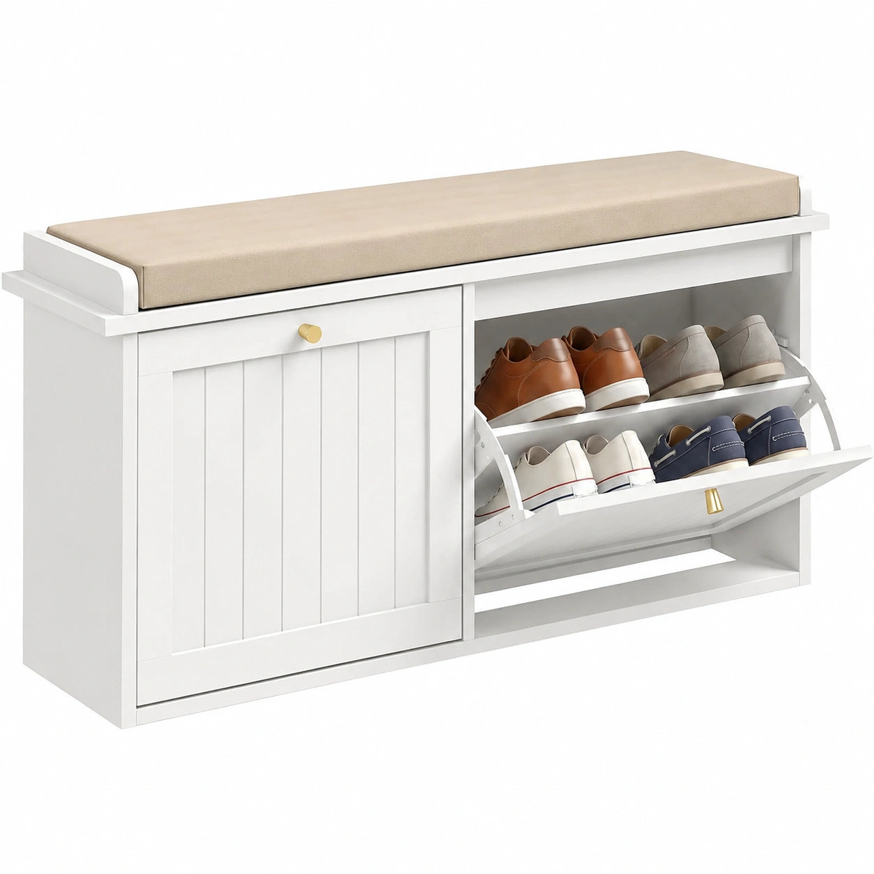 Panca Scarpiera da Ingresso con Seduta 2 Posti 104 × 26 × 47 cm Bianco, Scarpiera Salvaspazio Slim, Seduta Imbottita, 2 Ante a Ribalta, Ripiani