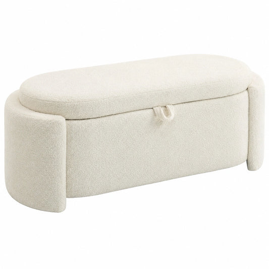 Contenitore Ovale Fine Letto 200kg 129 × 48.5 × 44cm Crema, Poggiapiedi imbottito in Teddy Fleece, Seduta ampia, Cassapanca contenitore, Soggiorno