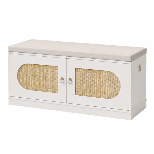 Panca Ingresso, 100CM Panca Contenitore con Cuscino Imbottito, Cassapanca Contenitore da Interno per Corridoio Soggiorno, Bianco & Rattan
