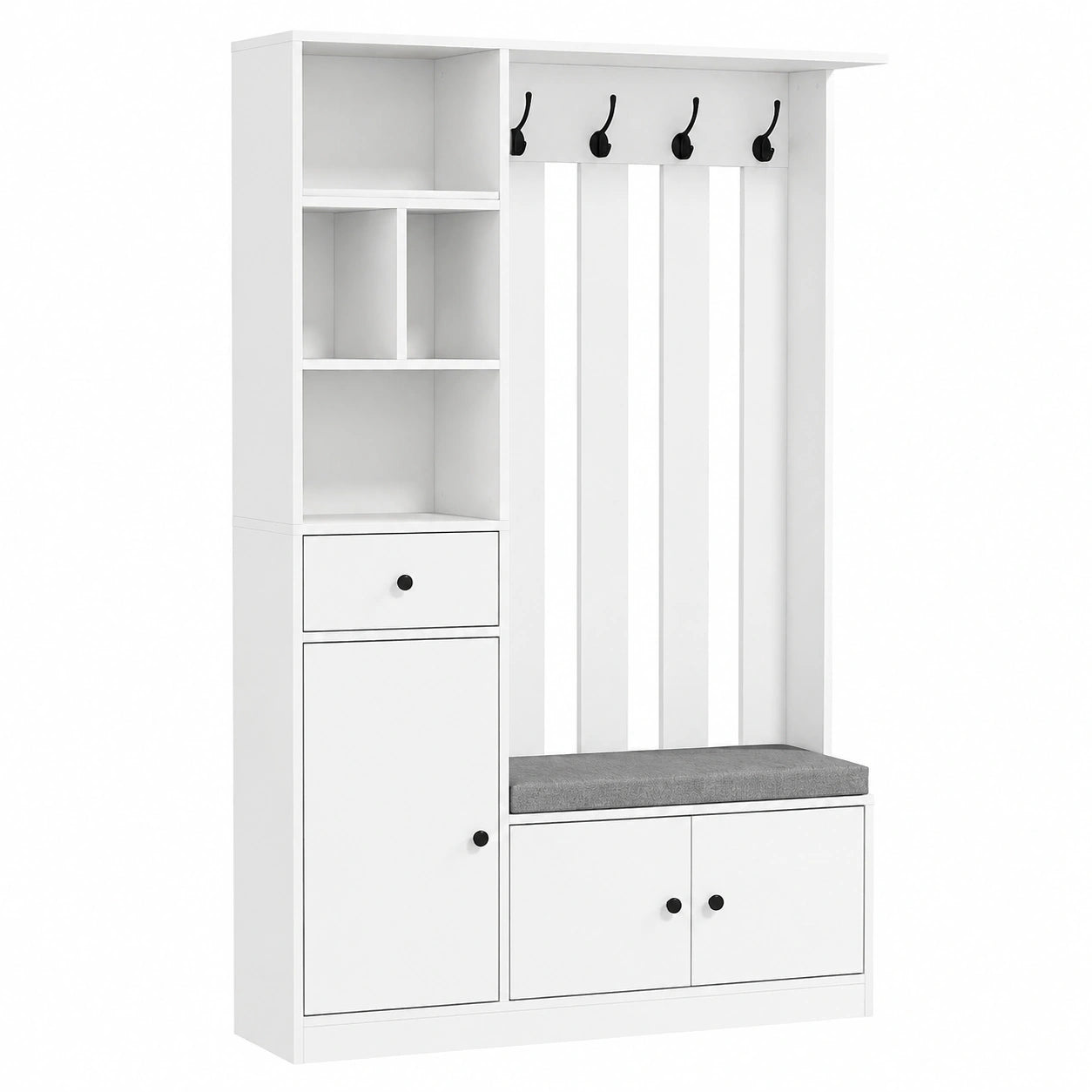 Appendiabiti da Terra 180cm con Panca Porta Scarpe Bianco, Stand Appendiabiti, 4 Ganci, Ripiano Regolabile, Scomparti Aperti