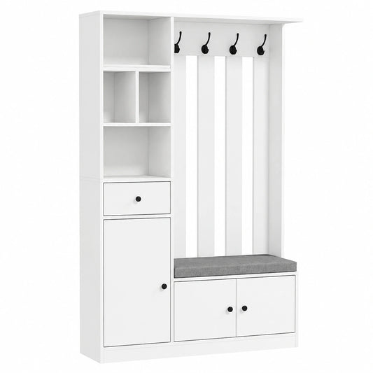 Appendiabiti da Terra 180cm con Panca Porta Scarpe Bianco, Stand Appendiabiti, 4 Ganci, Ripiano Regolabile, Scomparti Aperti