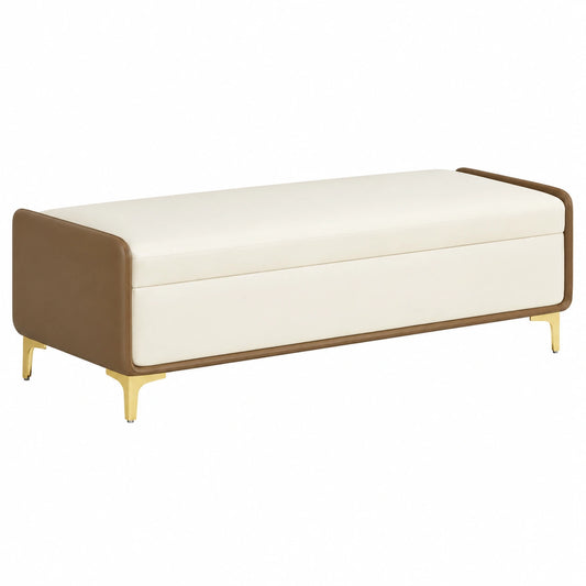 Panca Contenitore Elegante in Pelle, Cassapanca Fondo Letto con Telaio in Legno Massiccio e Gambe in Metallo, Pouf Portaoggetti per Camera da Letto