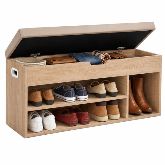 Panca Ingresso, Panca Contenitore in Legno con Cuscino Imbottito, 4 Scomparti, Ripiani, Cassapanca Soggiorno Corridoio Camera da Letto