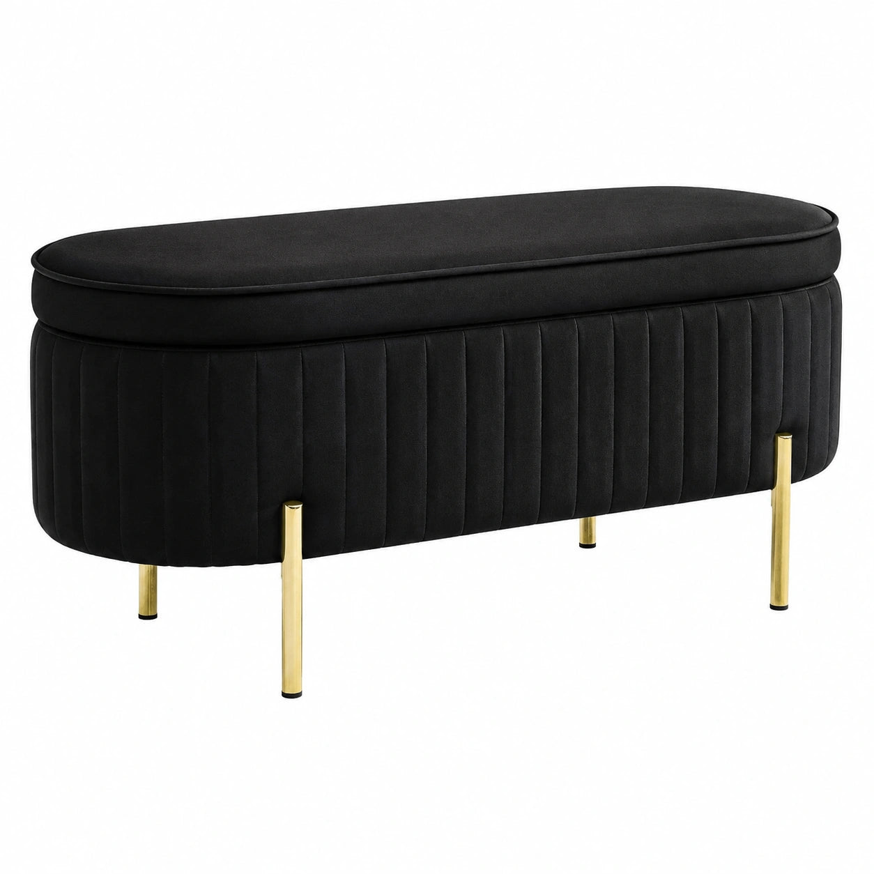 Panca Contenitore Ingresso Ovale 72L Coperchio Sollevabile Nero, Scanalato, Seduta Imbottita, Pouf Cassapanca Fondo Letto, Velluto